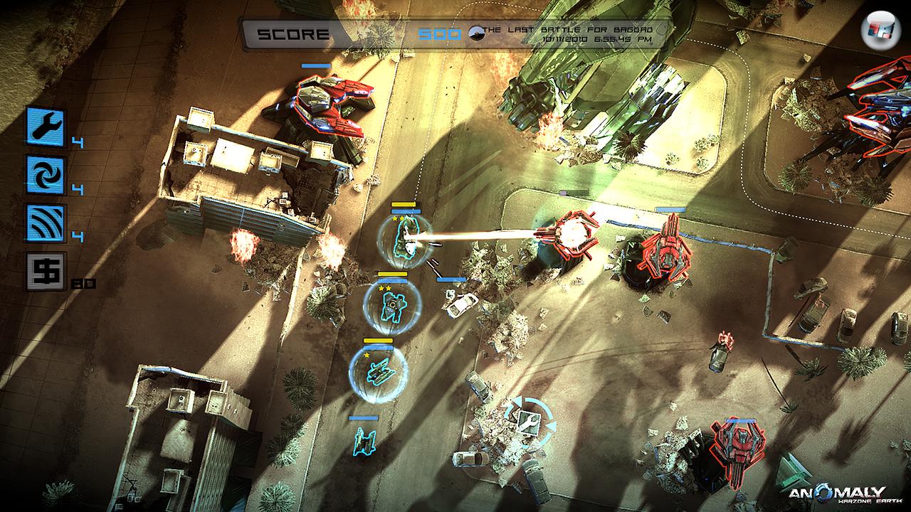 Die von einem Schutzschild umgebenden ersten Fahrzeuge des Konvois beginnen den Angriff auf die feindlichen Türme. Die von einem Schutzschild umgebenden ersten Fahrzeuge des Konvois beginnen den Angriff auf die feindlichen Türme.