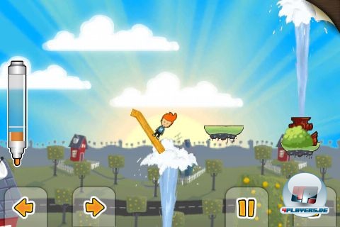 Ein gezeichnetes Surfbrett bugsiert Max auf Wasser-Fontainen in ungeahnte H&ouml;hen.