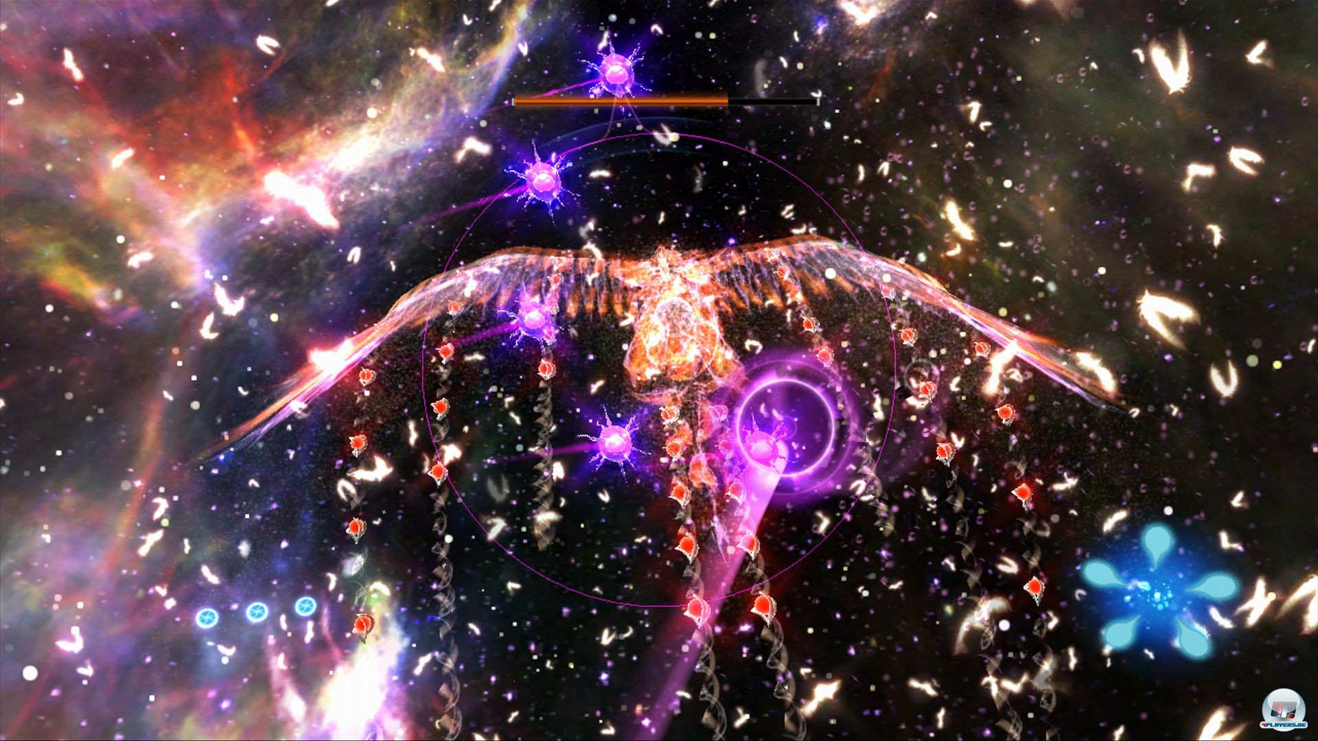 Die violetten Projektile lassen sich nur mit dem neuen Laser abwehren. Die violetten Projektile lassen sich nur mit dem neuen Laser abwehren.