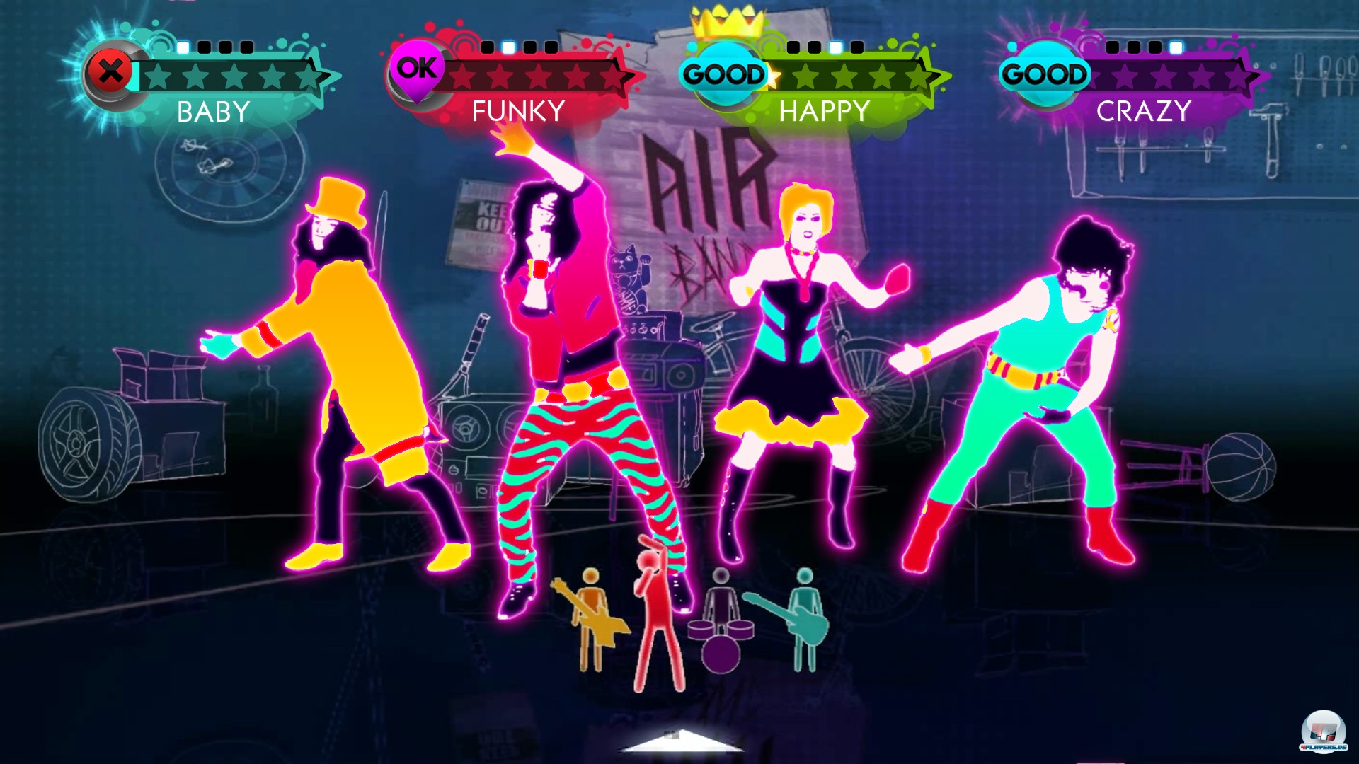 Bis zu vier Spieler k&ouml;nnen sich vor dem Bildschirm verrenken, wobei mitunter sogar spezielle Choreografien angeboten werden.