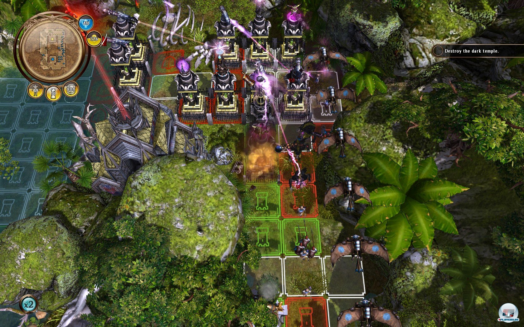 Die T&uuml;rme der Untoten setzen meinen Flugzwergen, die Bomben auf T&uuml;rme werfen, ordentlich zu. Lustigerweise darf ich in dieser Karte nur zehn T&uuml;rme bauen, w&auml;hrend der Computergegner &uuml;ber elf T&uuml;rme verf&uuml;gt.