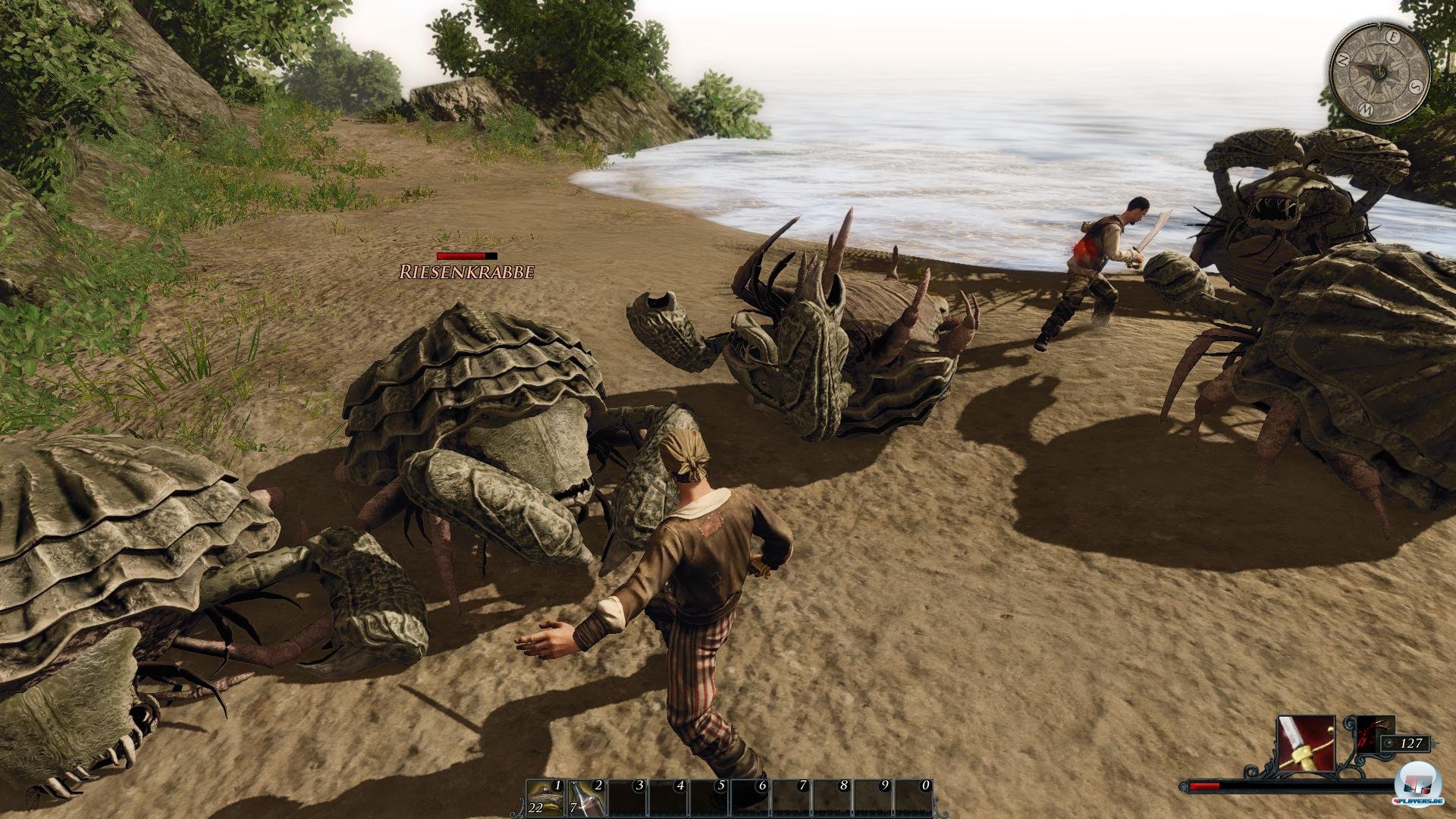 Lediglich gegen gr&ouml;&szlig;ere Kreaturen muss man auch mal clever k&auml;mpfen: Wer die Krabben tritt, legt sie auf den R&uuml;cken.