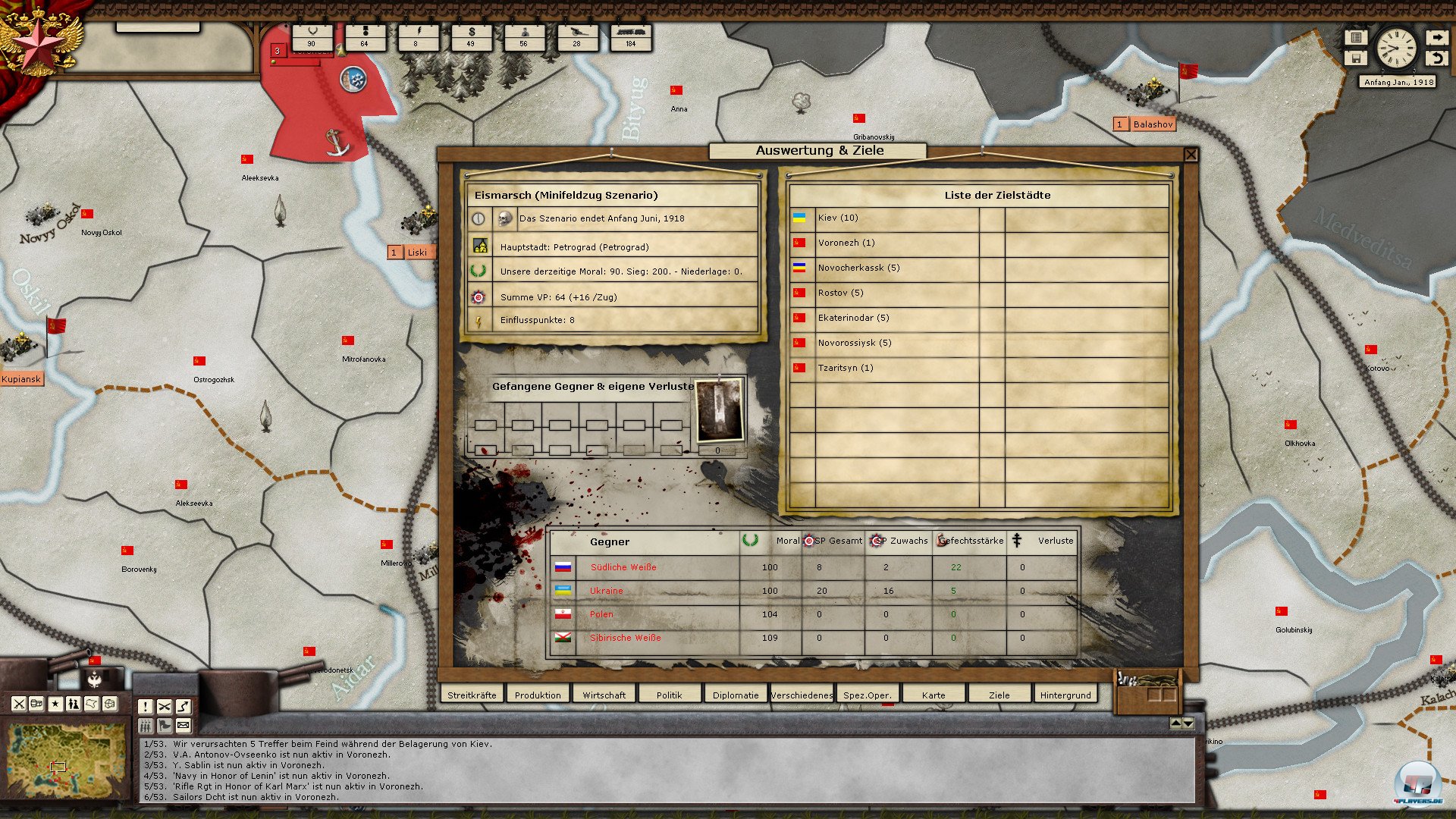 Kommunisten wie Wei&szlig;e verfolgen ihre eigenen Pl&auml;ne. Bei jeder Runden-Schlacht muss man Ziele ninnehmen. 