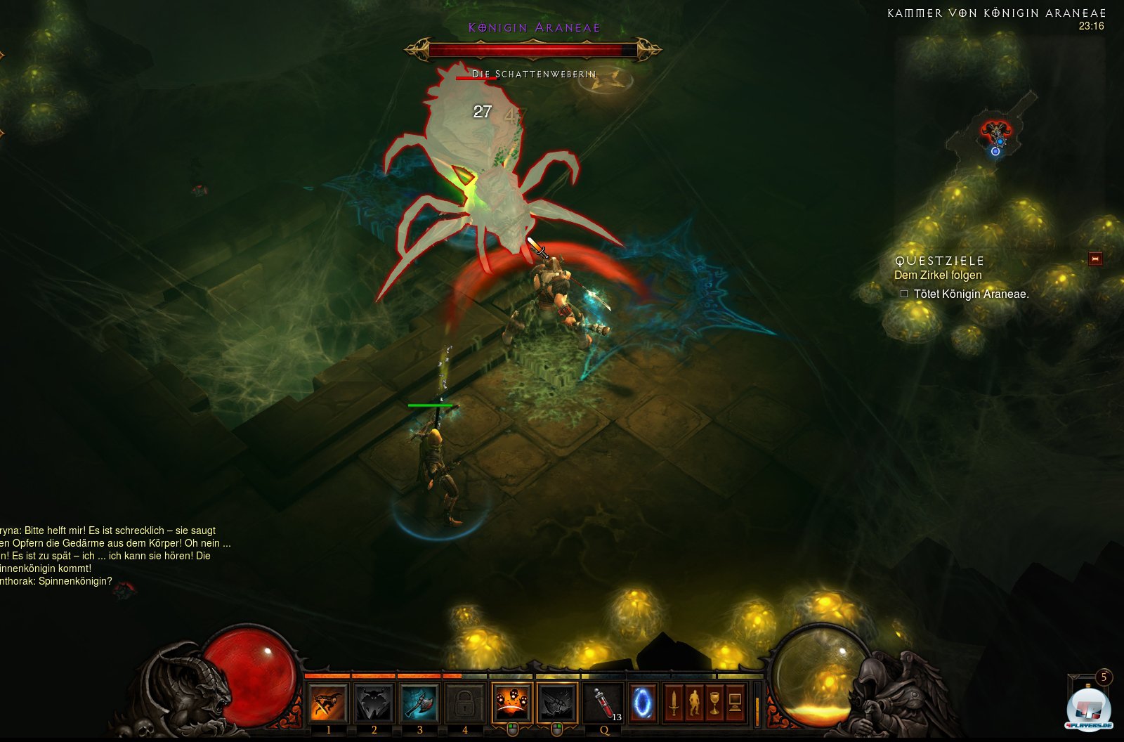 Mit einem Barbaren in der Gruppe ist die Spinne wesentlich einfacher zu besiegen, als wenn der D&auml;monenj&auml;ger sie alleine bek&auml;mpfen m&uuml;sste. So kann der D&auml;monenj&auml;ger sich in Ruhe um den Fernkampf k&uuml;mmern.