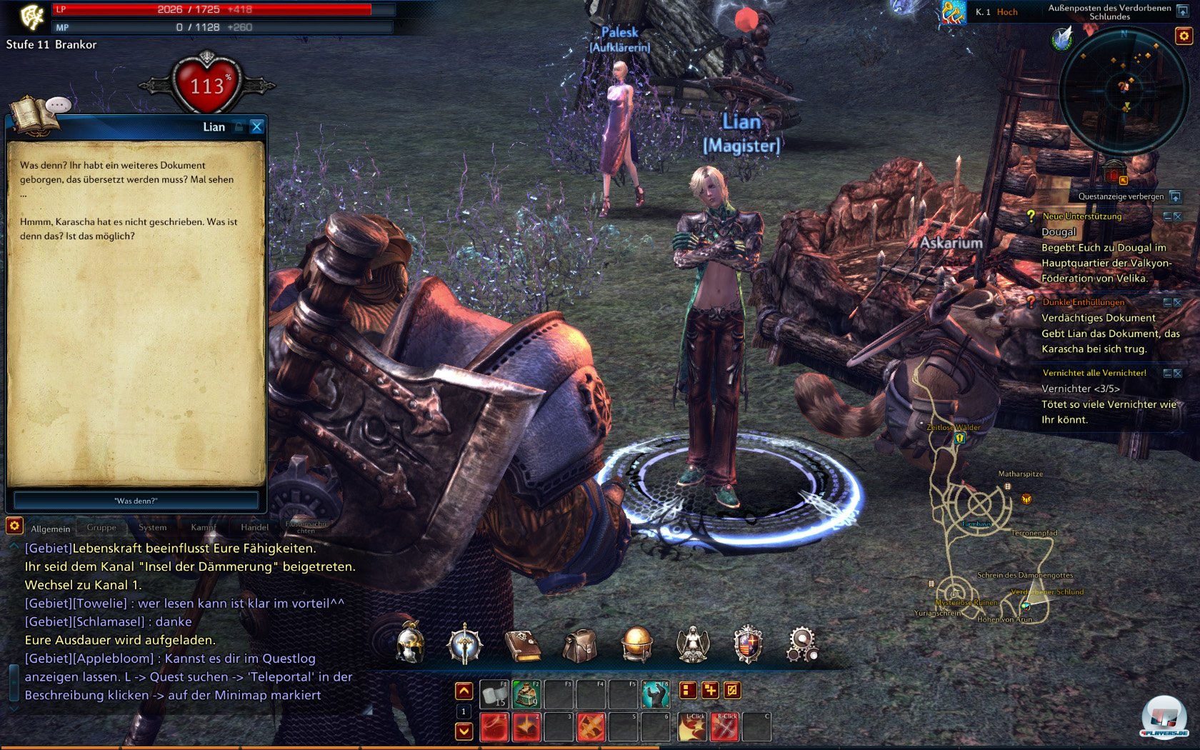 Eine sch&ouml;ne Idee sind die Lagerfeuer, mit denen man nach einem harten Kampf seine Ausdauer regenerieren kann. Die Ausdauer wird durch das Herz am oberen Bildschirmrand (plus Prozentzahl) symbolisiert und wirkt sich wie ein Buff aus, welcher das maximale Leben, Mana und andere Attribute beeinflusst. Es ist wichtig, seine Ausdauer so hoch wie m&ouml;glich zu halten, da der Effekt mit h&ouml;herer Ausdauer an St&auml;rke gewinnt. Au&szlig;erdem kann man an Lagerfeuern Talismane verbrennen, um zus&auml;tzliche Buffs zu erhalten. Talismane des Ansturms erh&ouml;hen beispielsweise die Angriffskraft, w&auml;hrend &Auml;ther- und Bluttalismane Mana- bzw. Lebenspunkte schneller regenerieren lassen. Im Kampf und bei einigen anderen T&auml;tigkeiten verliert man mit der Zeit an Ausdauer, also sind zwischendurch immer wieder Regenerationspausen angesagt.