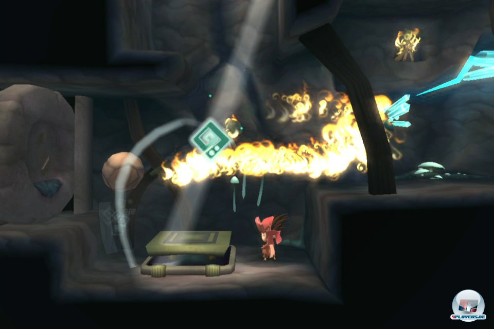 ...lenkt Feuerstrahlen zu Holzbarrieren oder schubst Steinkugeln auf Schalter-Plattformen. ...lenkt Feuerstrahlen zu Holzbarrieren oder schubst Steinkugeln auf Schalter-Plattformen.