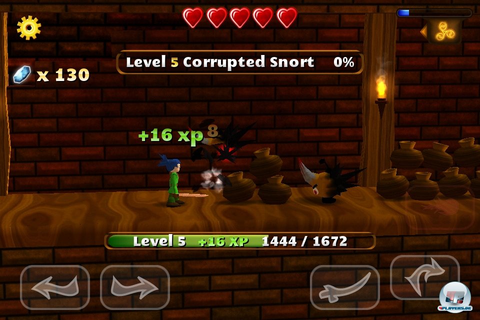 Erledigte Gegner geben einem Erfahrungspunkte, die man in mehr Lebensenergie oder h&ouml;here Durchschlagskraft investieren darf.