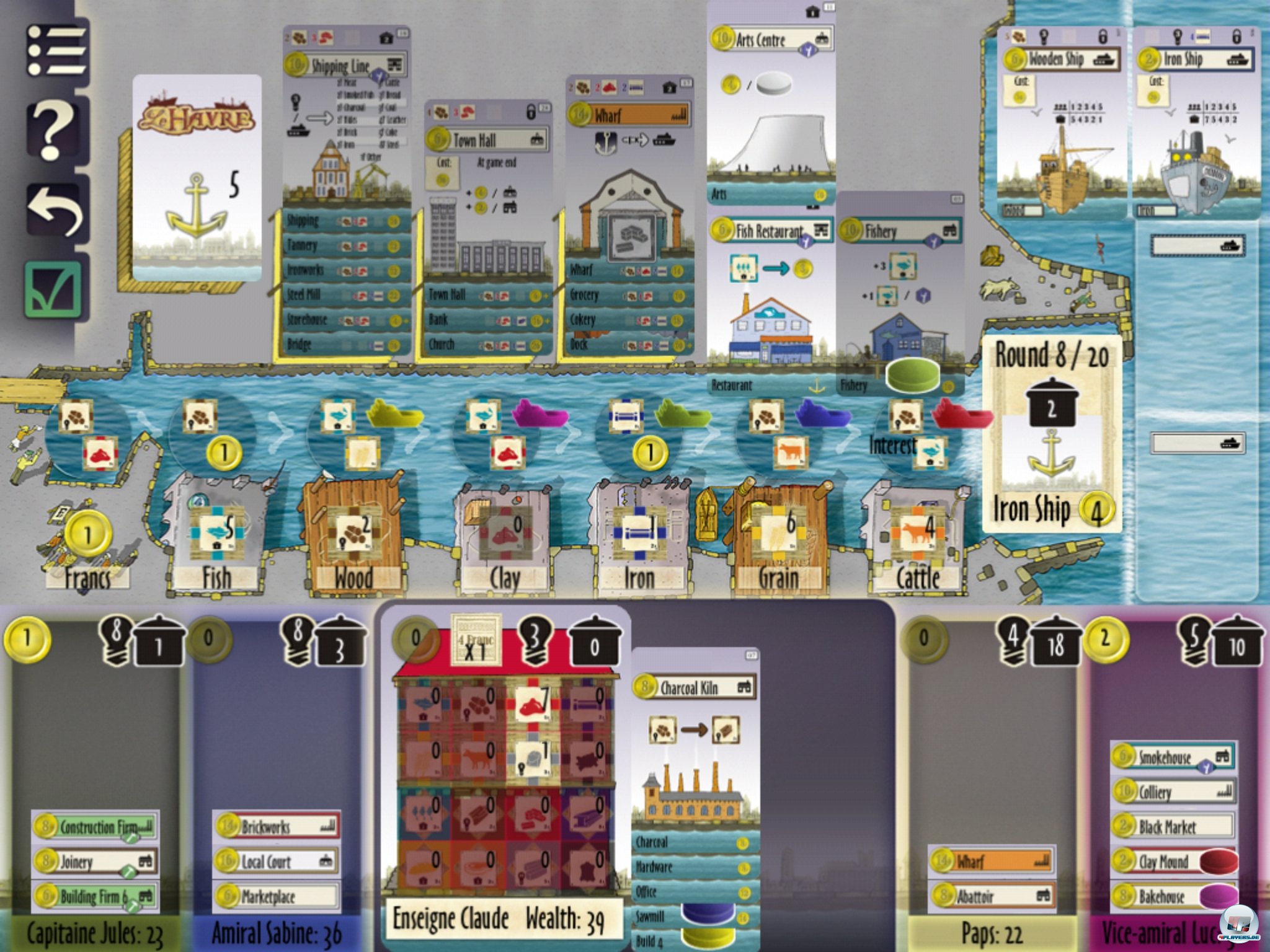 Die Spieloberfl&auml;che gleicht der des Brettspiels: Man entscheidet sich f&uuml;r Waren oder Geb&auml;udebau in einer Hafenkulisse.