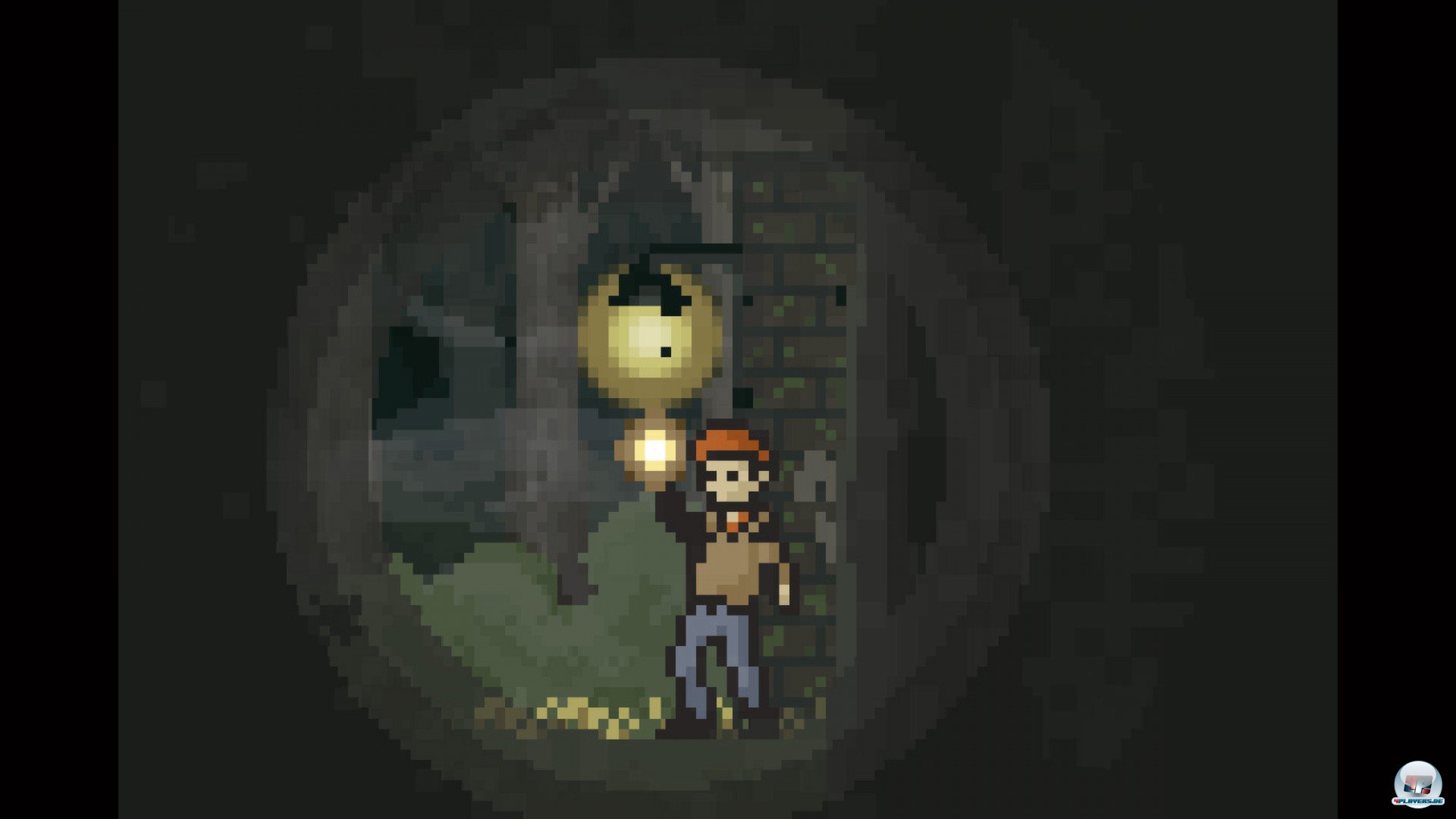 Auch wenn es zu Beginn gew&ouml;hnungsbed&uuml;rftig aussieht: Die Pixelkulisse sorgt f&uuml;r Stimmung, knarzende T&uuml;ren erinnern an Resident Evil.