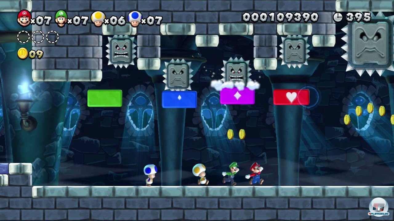 Ein f&uuml;nfter Spieler darf vom WiiU-Gamepad aus unterst&uuml;tzend eingreifen und seinen Freunden hilfreiche Plattformen ins Bild zaubern. Oder ihre Bem&uuml;hungen nach allen Kr&auml;ften sabotieren...