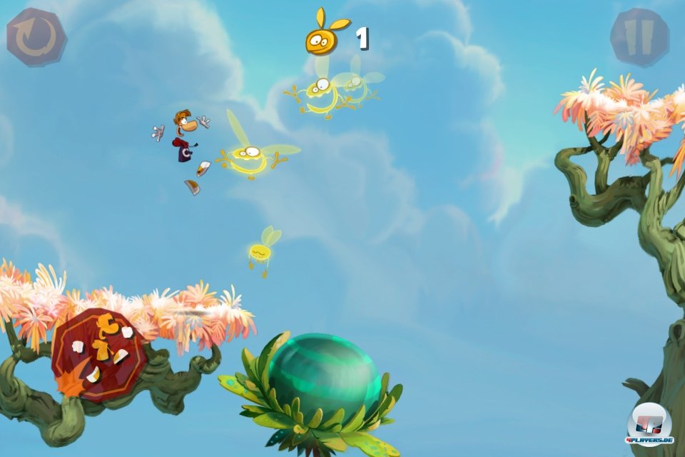 Rayman rennt von allein durch die liebevoll designten Levels - man muss sich nur um das Aufsammeln der Lums k&uuml;mmern, Hindernissen ausweichen und Gegner verm&ouml;beln.