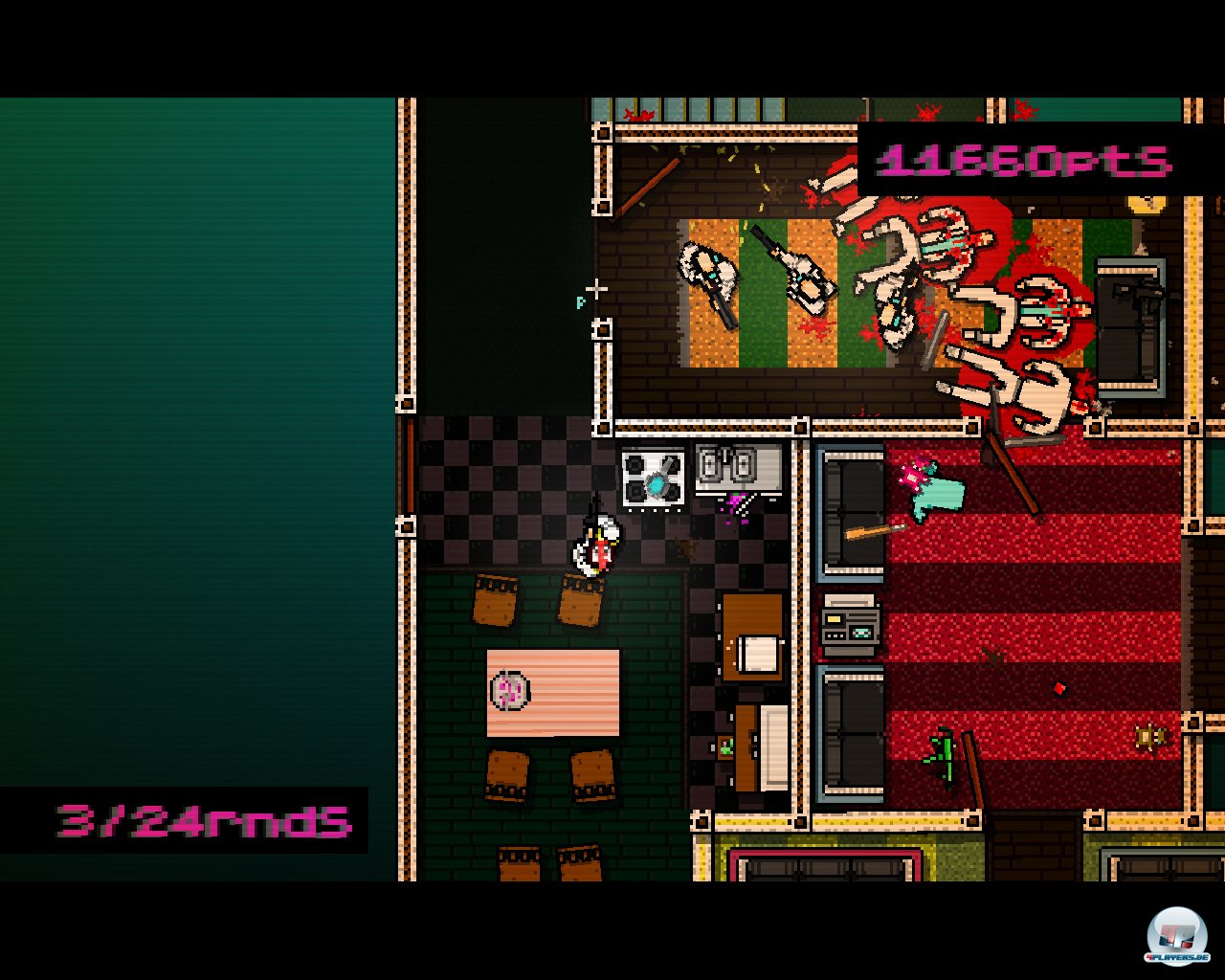 Rasend hohe Geschwindigkeit in Kombination mit tumben, aber t&ouml;dlichen Widersachern und einem gnadenlosen Treffersystem macht Hotline Miami zu einem interessanten, aber auch frustrierenden Erlebnis. Nicht im Bild: Der exzellente Soundtrack.