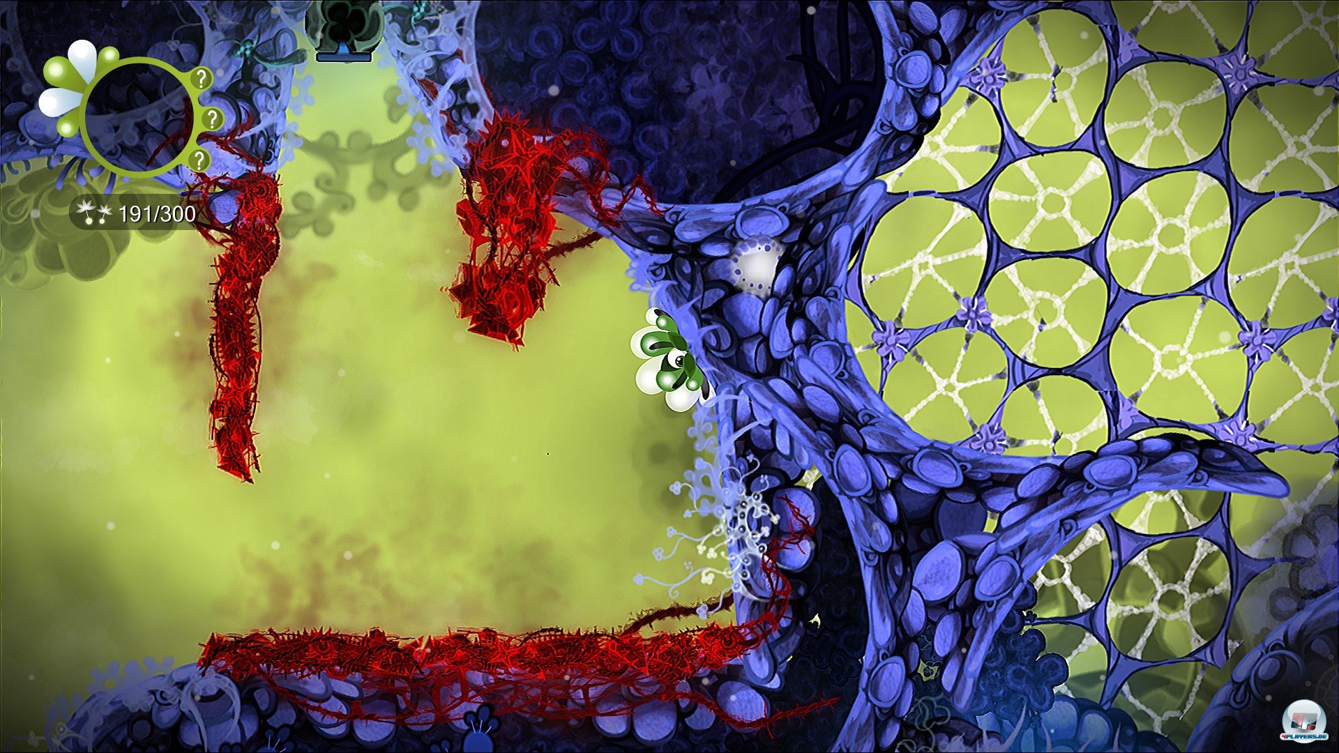 In seiner Pflanzenform krabbelt der putzige Held an Wänden und Decken entlang. In seiner Pflanzenform krabbelt der putzige Held an Wänden und Decken entlang.