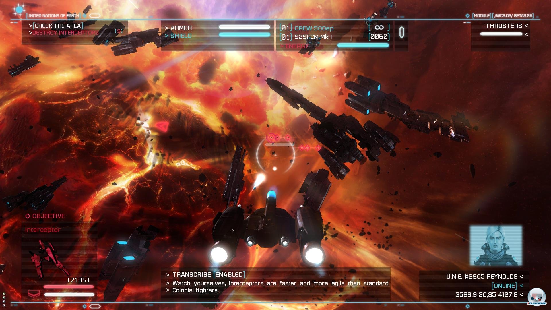 Die Kulisse vor dem zerst&ouml;rten Planeten ist eindrucksvoll . Die Story-Pr&auml;sentation muss leider ohne animierte Charakter-Portraits auskommen.