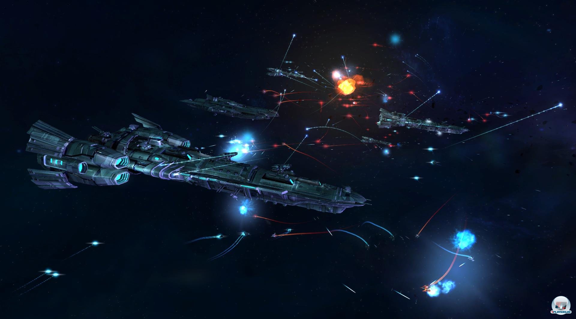 Eine imposante Schlacht mit Gro&szlig;kampfschiffen und vielen J&auml;gern. 