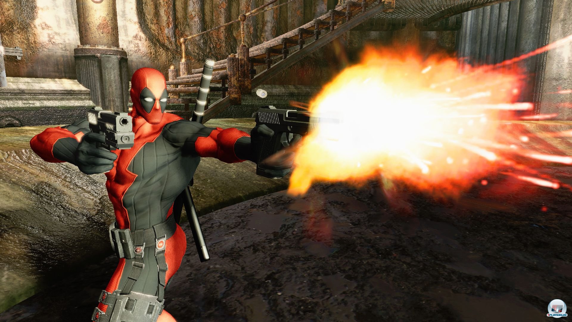 Nat&uuml;rlich kann Deadpool seine Gegner auch mit Schusswaffen auf Distanz halten.