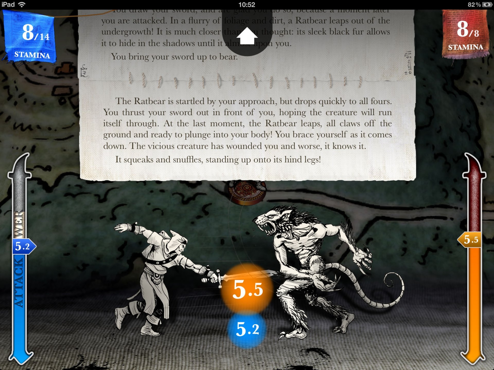 Block, leichte oder schwere Hiebe? Das Kampfsystem lockt mit Risiko und Schere-Stein-Papier. Block, leichte oder schwere Hiebe? Das Kampfsystem lockt mit Risiko und Schere-Stein-Papier.