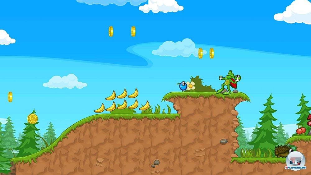 Blauer Himmel, grüne Wiesen, knuffige Kopffüßer: Superfrog verströmt von Beginn an gute Laune. Blauer Himmel, grüne Wiesen, knuffige Kopffüßer: Superfrog verströmt von Beginn an gute Laune.