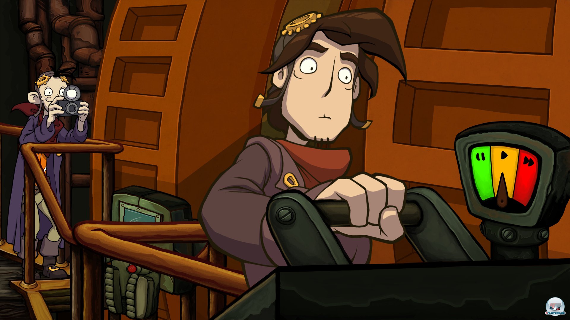 Der Deponia-Nerd ist eine willkommene Gelegenheit f&uuml;r Rufus, um sich in Szene zu setzen - selbst wenn Goal dahinter am Seil rotiert.