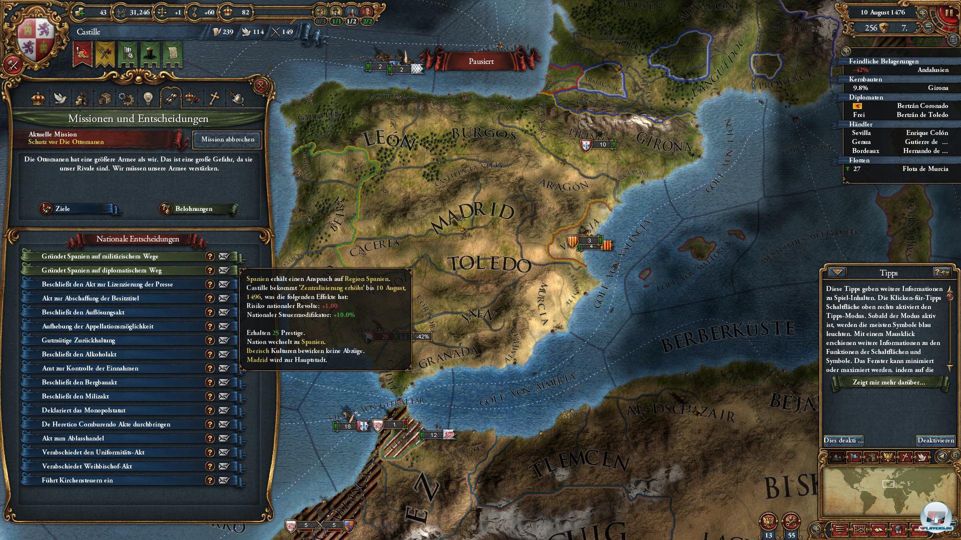 Man hat die Wahl unter kleineren und gr&ouml;&szlig;eren Missionen, wobei nur jeweils eine aktiv sein kann. Will man Spanien auf dem diplomatischen oder milit&auml;rischen Weg gr&uuml;nden?