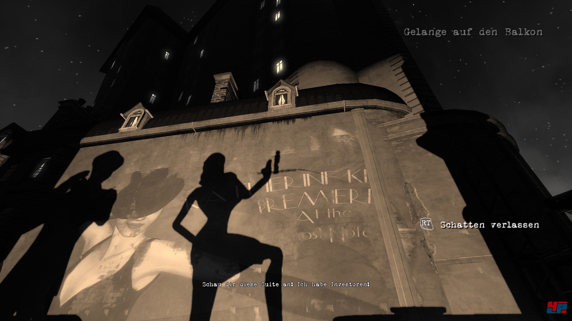 Als flacher Schatten turnt Dawn &uuml;ber gestikulierende Silhouetten. Auch ein r&uuml;hrendes Schattentheaterst&uuml;ck wird nachgespielt.