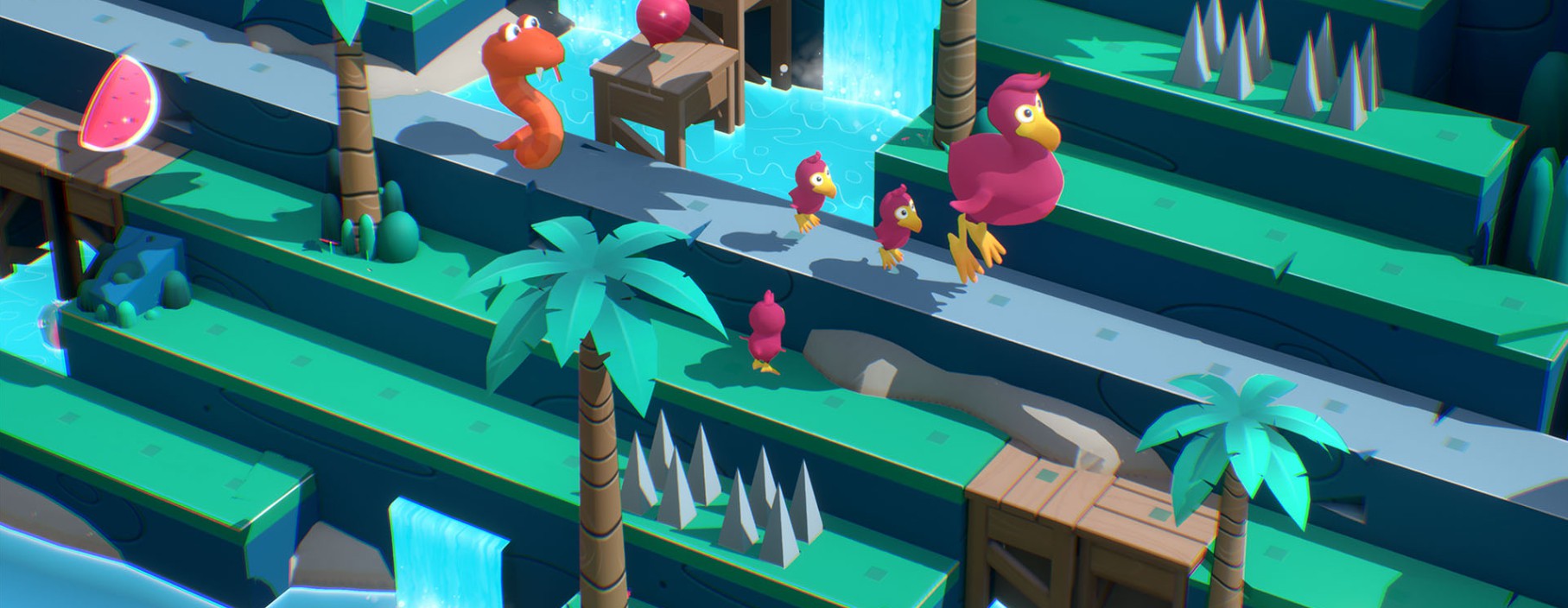 Mit eurem Nachwuchs im Schlepptau hüpft ihr als Dodo durch isometrische Bergwelten. Mit eurem Nachwuchs im Schlepptau hüpft ihr als Dodo durch isometrische Bergwelten.