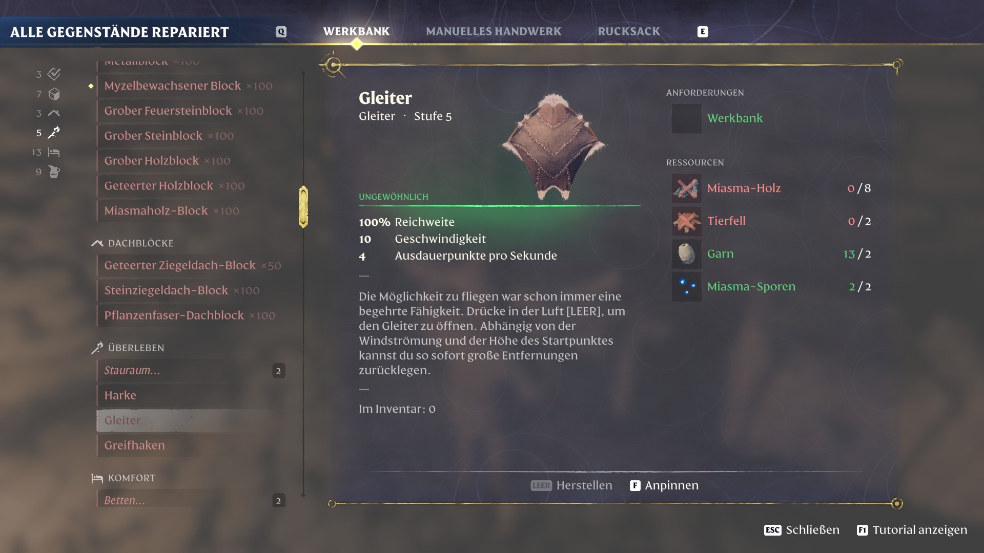 Auch die Herstellung von Gleiter und Greifhaken solltet ihr so schnell wie m&ouml;glich in Angriff nehmen.