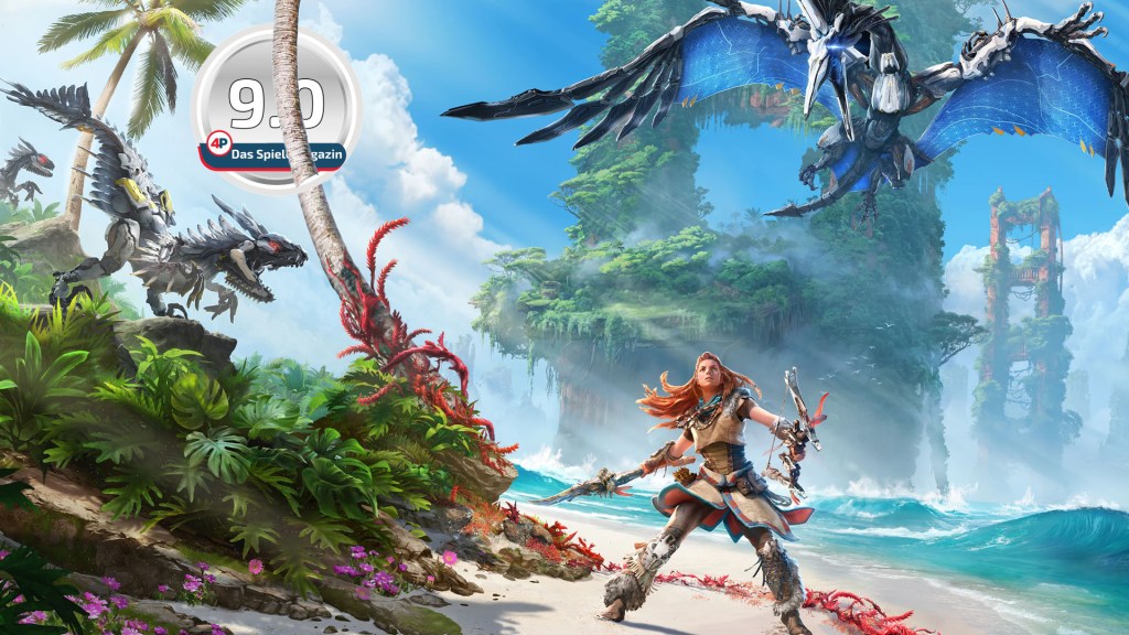 Ein Artwork des PS5-Spiels Horizon Forbidden West mit Protagonistin Aloy an einem Strand. Mehrere Roboterdinos sind zu sehen. Versehen mit der 4P-Wertung 9.0.
