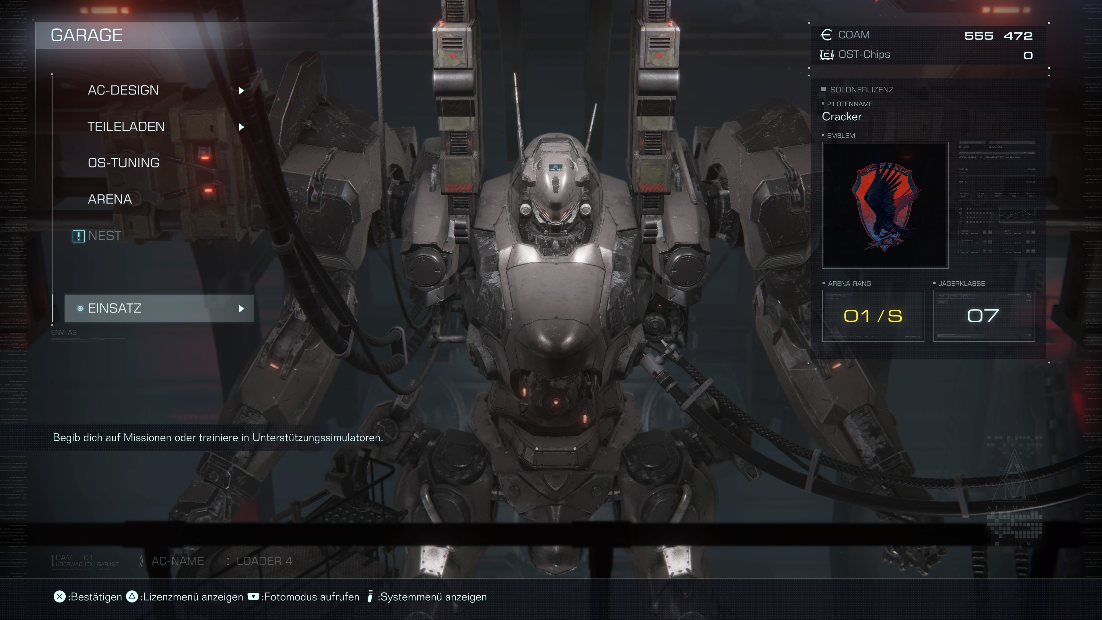 In der Garage findet sich alles, was das metallene Mech-Herz h&ouml;her schlagen l&auml;sst. Hier k&ouml;nnt ihr auch euer Auftreten personalisieren, beispielsweise mit dem S&ouml;ldnersymbol und eurem Rufzeichen.