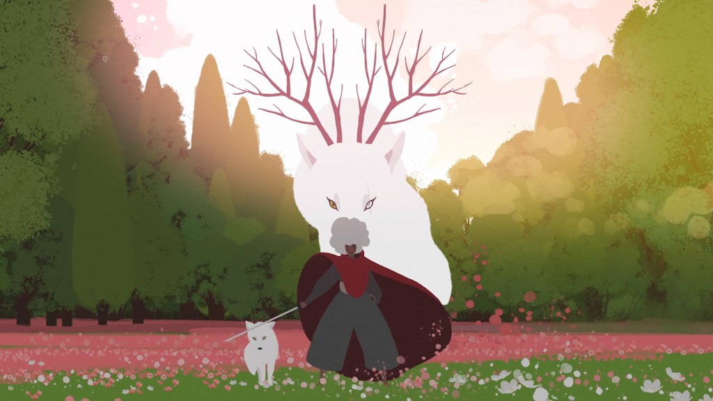 Screenshot aus dem Indie-Spiel Neva. Zu sehen ist Alba, w&auml;hrend im Hintergrund ein gro&szlig;er Wolf mit Geweih wartet. Links neben Alba ist der Wolfsjunge.