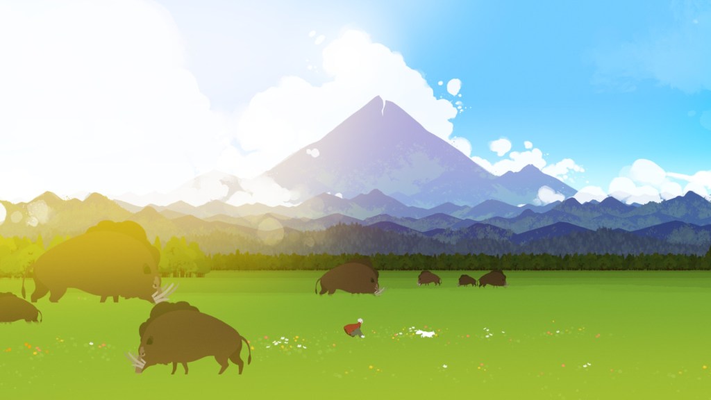 Screenshot aus dem Indie-Spiel Neva. Zu sehen ist die Protagonistin und ihr Begleiter, ein Wolfsjunge, wie sie &uuml;ber eine gr&uuml;ne Wiese rennen. Im Hintergrund ist ein Berg zu sehen, sowie mehrere riesige Wildschweine.