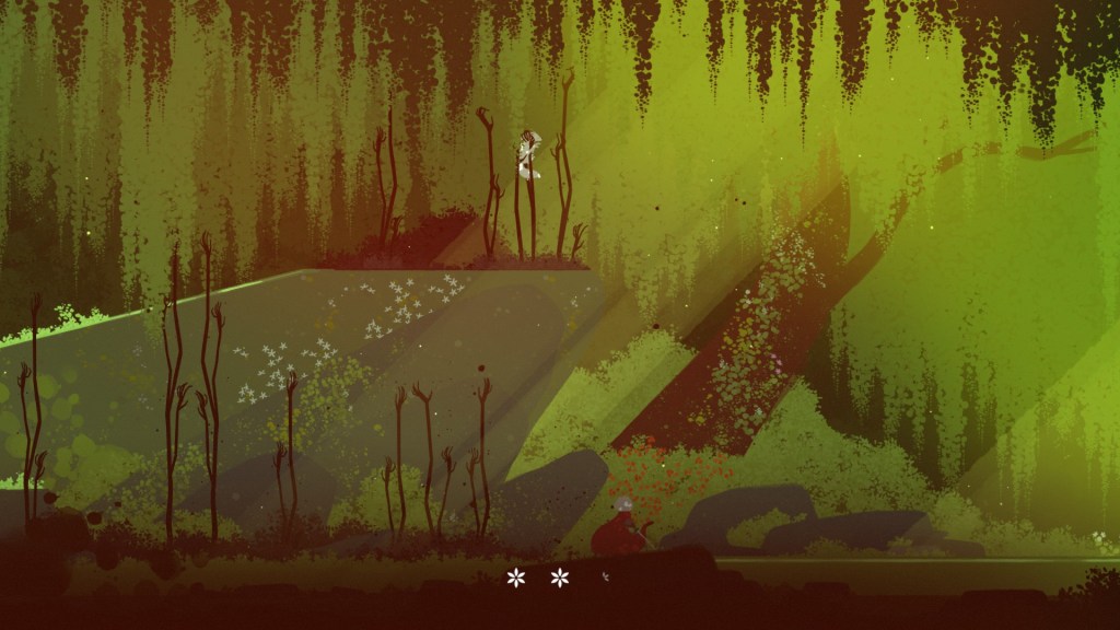 Screenshot aus dem Indie-Spiel Neva. Inmitten eines Dschungels halten schwarze, aus dem Boden ragende H&auml;nde den Wolfsjungen fest.