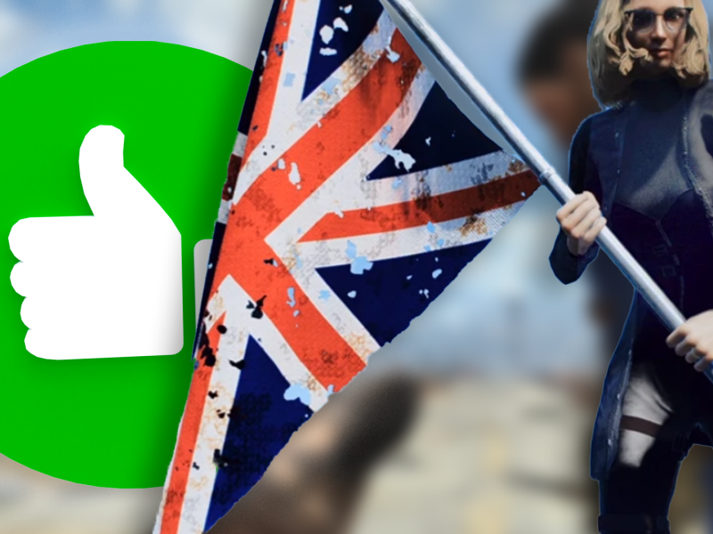 Im Bild: Eine weiblich gelesene Vault-Bewohnerin aus der Mega-Mod Fallout London mit England-Flagge in den Händen. Dahinter: Ein dickes fettes, grünes 