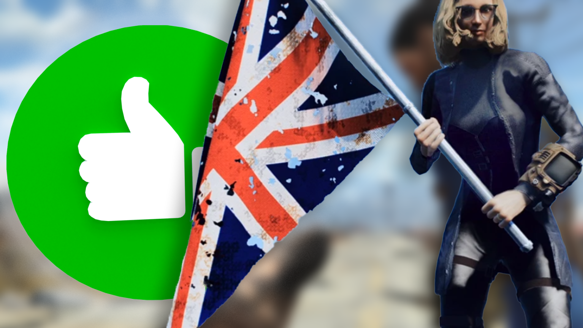 Im Bild: Eine weiblich gelesene Vault-Bewohnerin aus der Mega-Mod Fallout London mit England-Flagge in den Händen. Dahinter: Ein dickes fettes, grünes