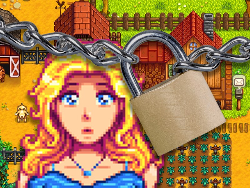 Screenshot aus Stardew Valley mit Charakter Haley und vorgehängtem Schloss